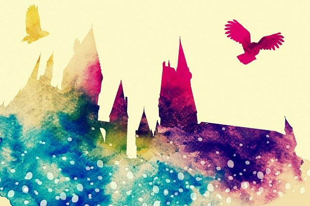 This watercolor painting of a castle reminds me of what Hogwarts probably would have looked like.  Complete with owls of course.